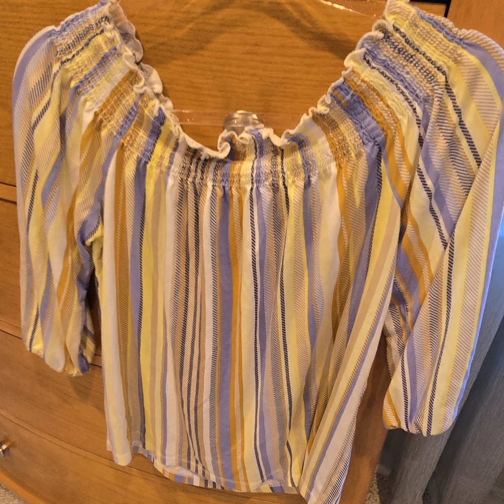 NWOT Lascana Striped Off-Shoulder Peasant Top in Yellow and Blue, Size 32/34